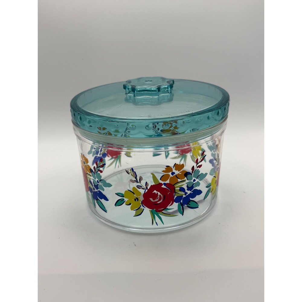 Pioneer Woman Breezy Blossom Acrylic Canister Teal Lid Floral Storage Jar